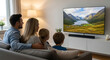 © fia - Happy family of four sitting on the sofa together watching a nature movie on a large television