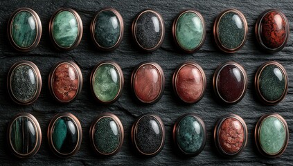 Oval gemstone buttons arranged in rows on dark slate