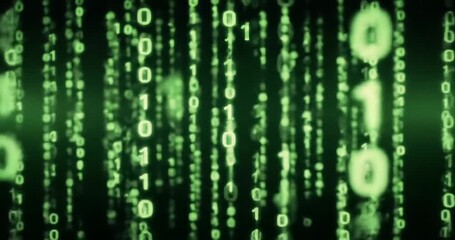Digital green binary code matrix with glowing numbers