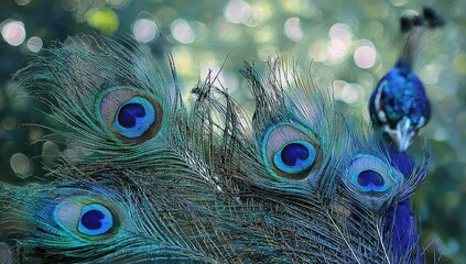 Peacock tail feathers, vibrant blues and greens. Bokeh background