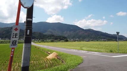 Wall Mural - Car Window POV Driving Over Japanese Rural Rice Fields with Summer Mountains
