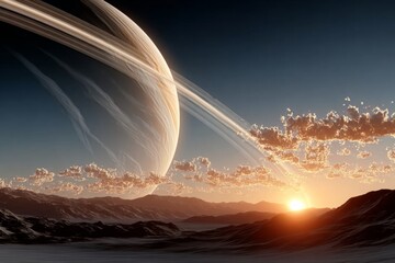 Wall Mural - breathtaking view of a ringed planet at dawn over an alien landscape with dramatic skies and terrain
