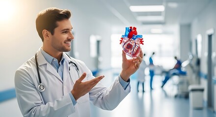 A smiling male doctor in a white coat holds a model of a human heart in a hospital corridor.
