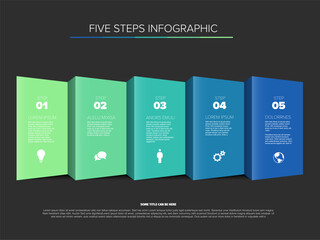 A five-step vertical 3D infographic template with colorful numbered boxes on a dark background. This infographic features five distinct steps, perfect for presentations and flowcharts.