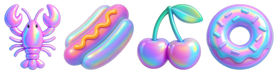 Wall Mural - PNG Colorful holographic food icons, element set on transparent background