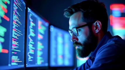 Focused programmer analyzing code on multiple screens in a dimly lit tech workspace