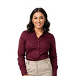 © Jaetin - Young professional businesswoman in burgundy blouse and beige trousers smiling confidently for office, teamwork, and leadership themes