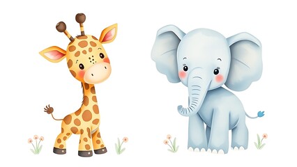  Watercolor safari animals in soft pastel tones, featuring gentle elephant and giraffe illustrations.