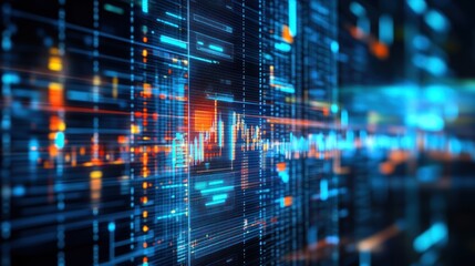 Abstract digital display wall with vibrant glowing lines and data visualizations