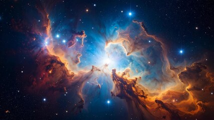 Wall Mural - Spectacular celestial nebula with vibrant golden and blue colors, filled with stars on a deep dark cosmic background in deep space