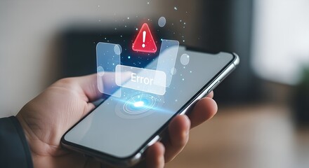 A person's hand holds a mobile phone displaying a critical digital error message and a warning sign, symbolizing technology issues and system malfunctions