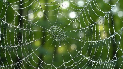 Intricate Spiderweb Adorned with Morning Dew Drops in Nature.