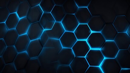 Wall Mural - abstract hexagon network with electric blue glow on sleek dark gradient, futuristic repeating honeyc