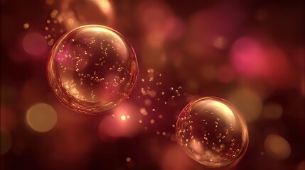 Wall Mural - Floating golden orbs and soft ruby sparkles in glowing haze forming dreamy abstract celebration loop