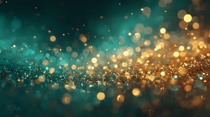 Wall Mural - Glowing golden bokeh lights layered with teal sparkles in soft focus, creating a surreal and magical atmosphere for elegant visuals