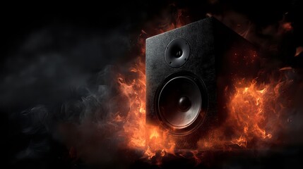 Wall Mural - High-performance speaker surrounded by blazing fire and heat waves, dark smoky black background, dramatic and intense bass vibration visual