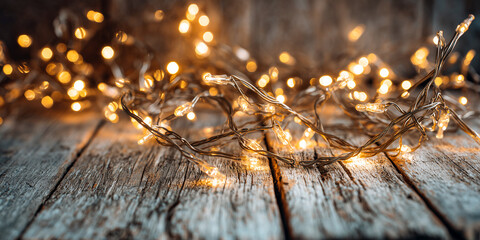 Wall Mural - decorative christmas lights tangled on rustic wooden table