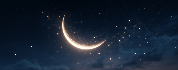 Wall Mural - glowing crescent moon with stars in clear night sky