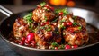 © senadlife - A tantalizing close-up of glazed meatballs, beautifully garnished with fresh cherries and herbs, highlighting culinary creativity and artistic presentation.