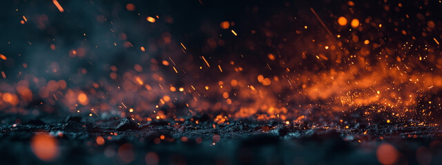 Abstract background of glowing embers and sparks rising from a dark surface with smoke and bokeh effect, cinematic lighting