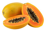Isolated yellow papaya fruit with seeds and halves displayed, healthy vitamin-rich tropical snack