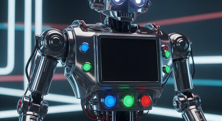Futuristic robot with glowing eyes and colorful buttons, a stunning AI concept for technology, innovation, and digital design