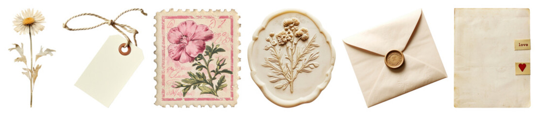 Wall Mural - PNG Vintage floral stationery collection, element set on transparent background