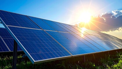 A close-up perspective reveals solar panels in a field absorbing sunlight. The sun shines brightly in the background