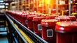 © alghazali - Rows of red containers moving along a production line, illuminated by bright light.