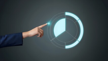 Wall Mural - A hand, adorned in a well-tailored suit, interacts with a glowing pie chart, an emblem of analytical visualization. A blend of modern technology and professional engagement.