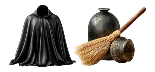 Black Cloak and Ornate Brush with Bowl on Transparent Background