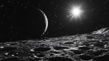 Lunar Surface with Visible Craters, Satellite Planet, Starry Sky and Sunlight Effects