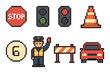 © Igor - Traffic elements pixel art icon set. featuring stop sign, traffic light, cone, speed limit, officer, barrier, car