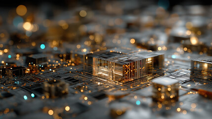 Futuristic tech 3D block structure, metal lines with flashing lights, technology promotion and innovative design