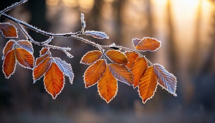 Autumn Leaves On A Tree Branch Glistening With Early Morning Frost In The Forest