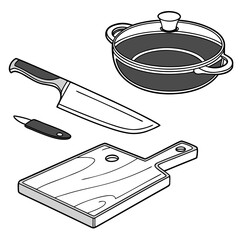 A collection of essential kitchen tools including a chef s knife paring knife cutting board and a lidded cooking pot are arranged for a clean illustration
