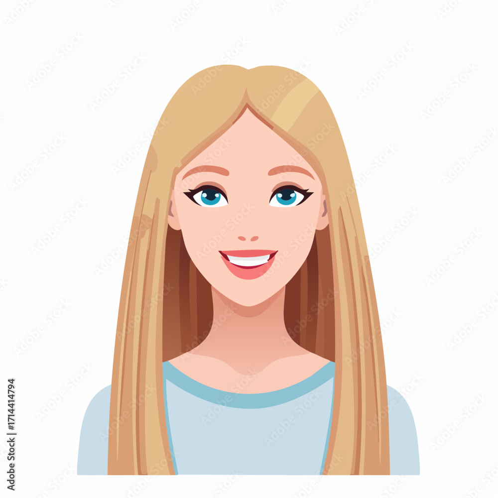 Vibrant digital portrait of a cheerful young woman with long blonde ...
