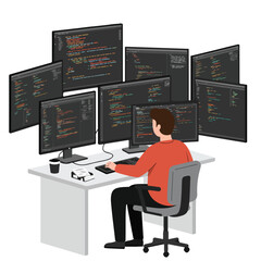 A person at a desk surrounded by computer monitors displaying lines of colorful code