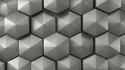 Wall Mural - A dynamic and abstract background features a seamless tessellation of three-dimensional hexagonal shapes. These polished, silver-toned geometric forms exhibit subtle reflections and shadows, creating 