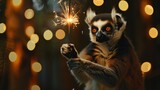 A ring-tailed lemur holds a sparkler in a festive setting with blurred lights in the background. The lemur has distinctive black and white markings.