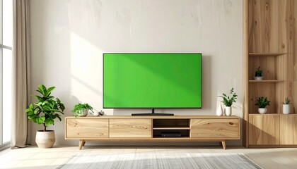  flat-screen TV with green screen, placed on a sleek wooden TV stand, copy space area