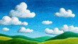 © Md Shamimul - A drawing of the sky with white clouds and green hills, made by children using crayons