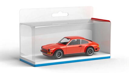 Red toy car in transparent packaging box isolated on white background collectible model
