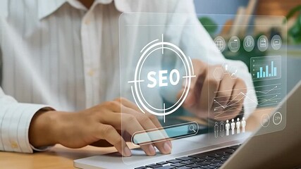 SEO optimization concept with person using laptop and virtual data analytics display for digital marketing strategy
