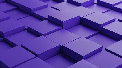 A visually engaging abstract background features an endless array of purple geometric cubes dynamically shifting, rising, and falling. This clean, modern 3D animation creates a mesmerizing ripple effe