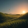 © halawiah - Golden Sunset Bathes Serene Golf Course Green, Flagstick, and Waving Grass on Rolling Hills.