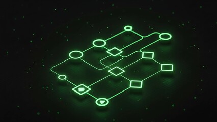 A glowing green flow chart with connected nodes, symbolizing a complex data processing system, algorithmic problem-solving, and abstract business strategies.