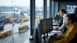 © ryker - Workers in logistics control tower monitor shipping operations, focusing on container movement and efficiency. scene captures busy port with cranes and containers visible through large windows