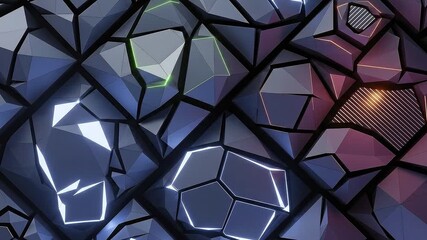 Wall Mural - This futuristic abstract background features a dynamic arrangement of dark, geometric polygons that shift and interact. Glowing lines in various vibrant colors like cool blue, purple, energetic green,