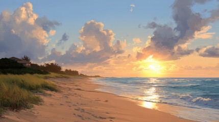 Wall Mural - Serene beach scene at sunset, featuring golden sands, gentle waves, and vibrant clouds reflecting warm hues. tranquil atmosphere evokes sense of peace and relaxation